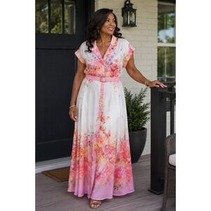 Mainstrip Floral Maxi Shirt Dress Pink Orange White Belted Button Front Small